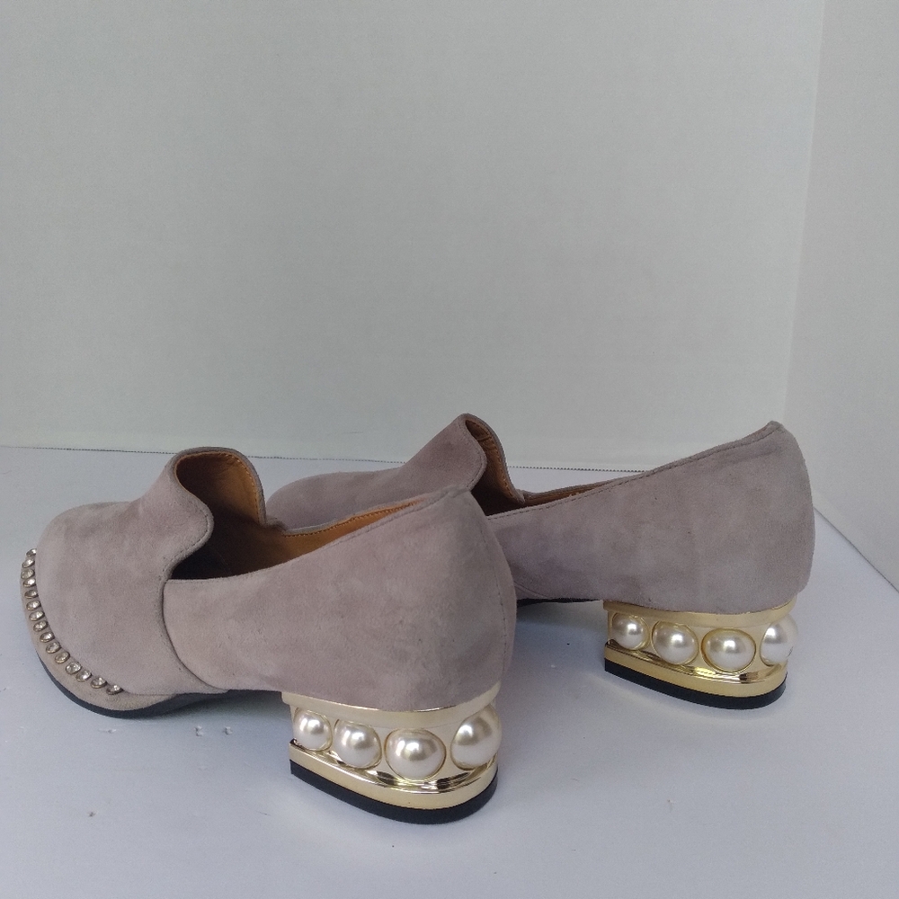 Designer Suede Loafers with Pearl-Studded Heel and Silver Trim Elegant Shoes - Picture 2 of 7